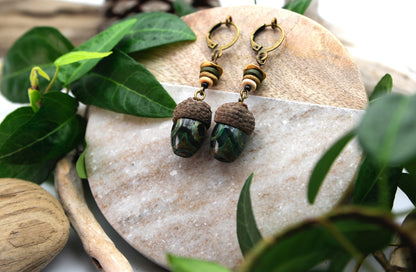 Acorn Earrings with Green Glass Bead – Wooden Drop Earrings, 5.5 cm – view 4