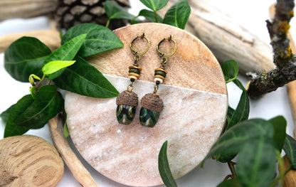 Acorn Earrings with Green Glass Bead – Wooden Drop Earrings, 5.5 cm – view 5