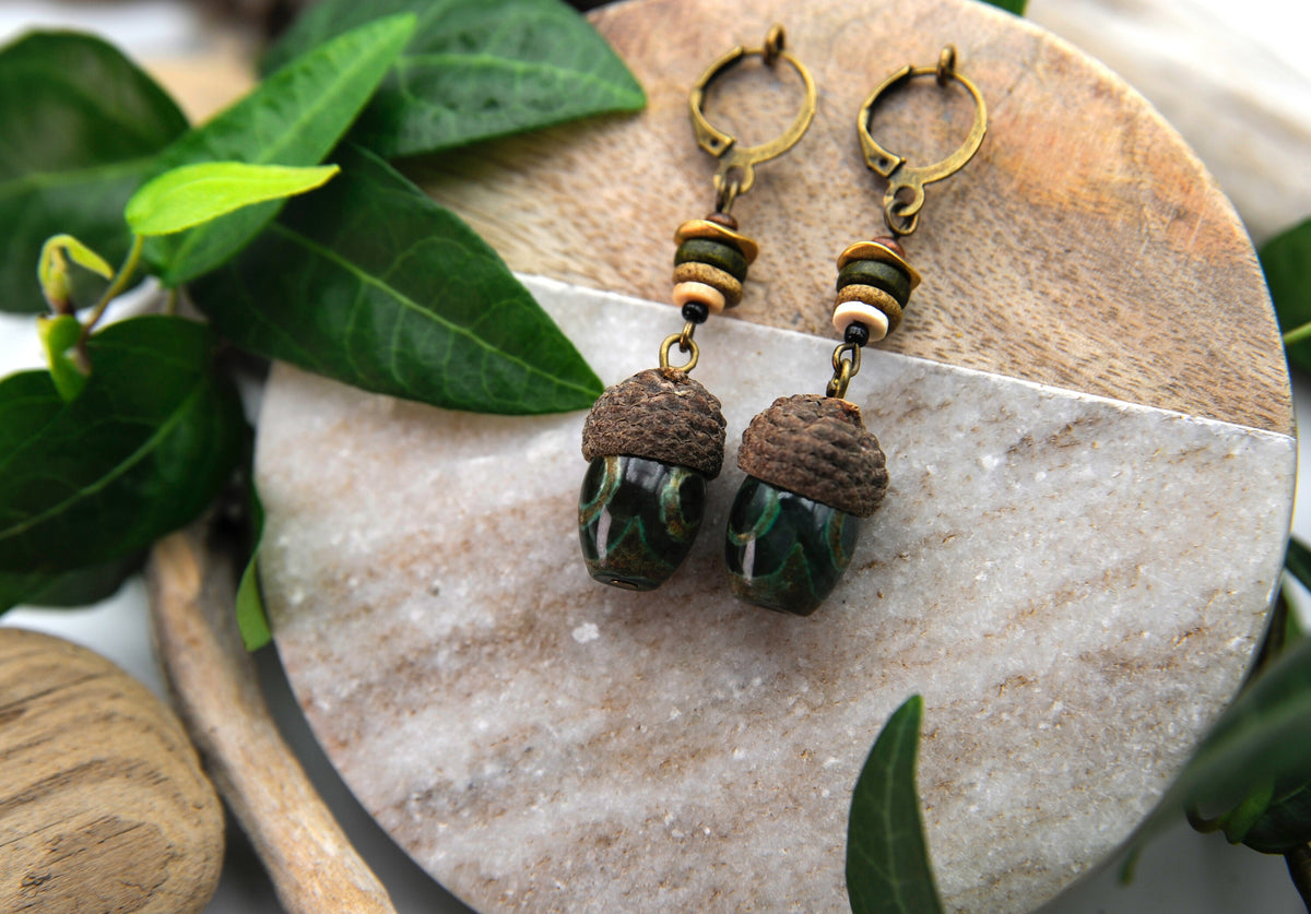 Acorn Earrings with Green Glass Bead – Wooden Drop Earrings, 5.5 cm – view 6
