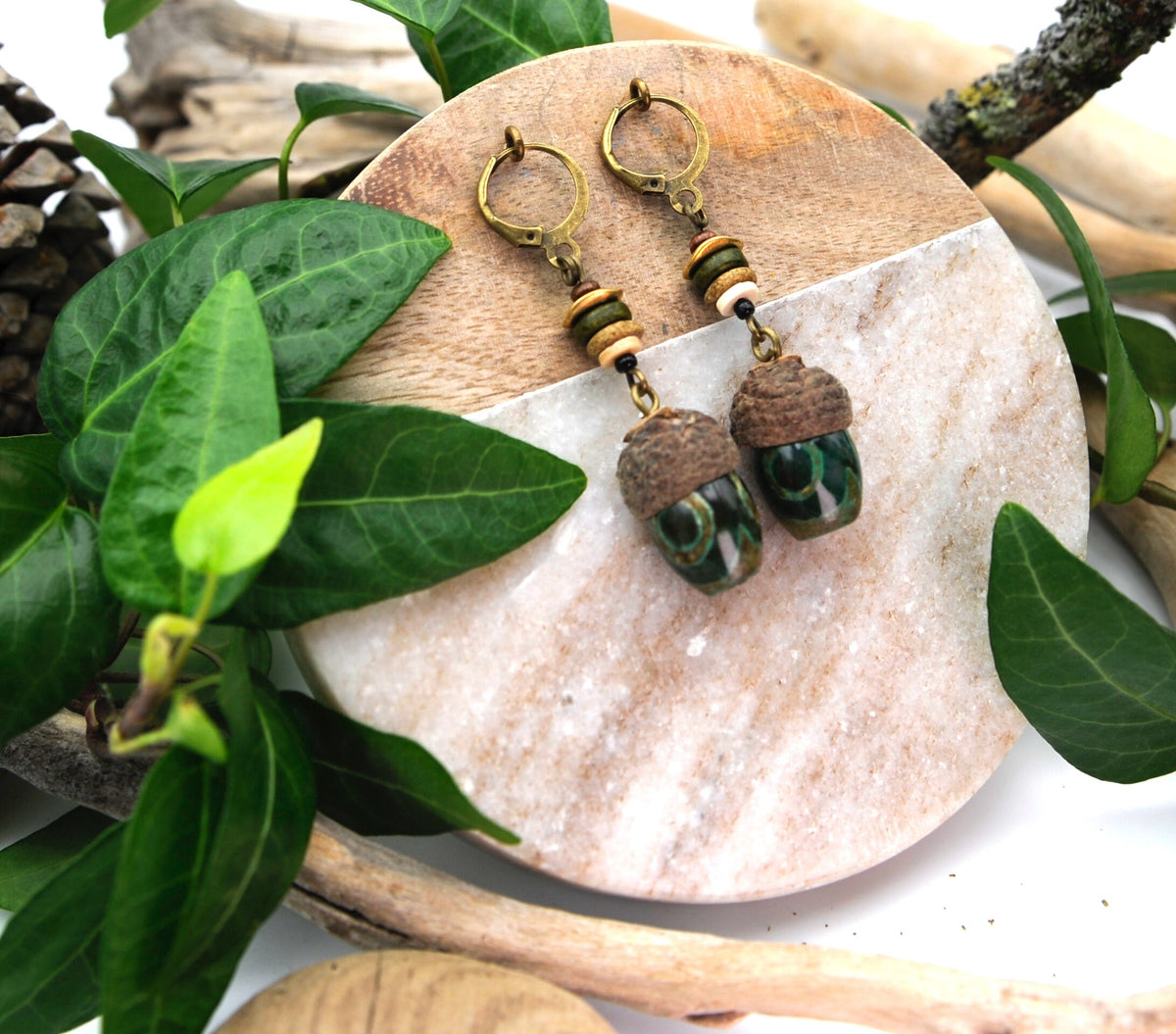 Acorn Earrings with Green Glass Bead – Wooden Drop Earrings, 5.5 cm – view 7