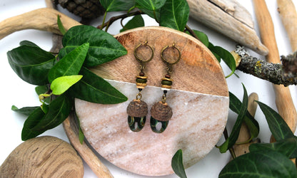Acorn Earrings with Green Glass Bead – Wooden Drop Earrings, 5.5 cm – view 8