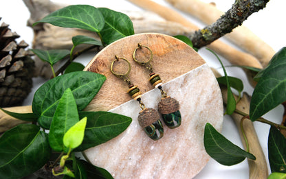 Acorn Earrings with Green Glass Bead – Wooden Drop Earrings, 5.5 cm – view 9