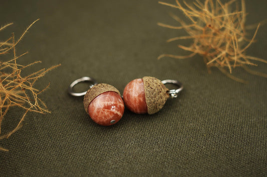 Acorn Earrings with Moonstone – Real Acorn Caps, Silver or Gold Hooks
