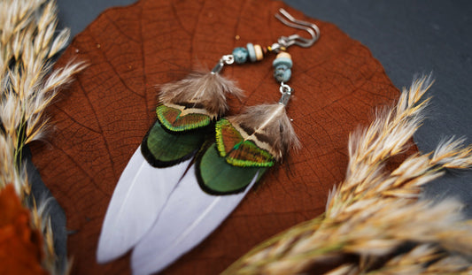 Pfauenfeder-Ohrringe Grau-Grün – Detail