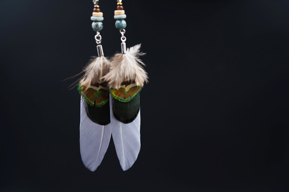 Pfauenfeder-Ohrringe Grau-Grün – Detail