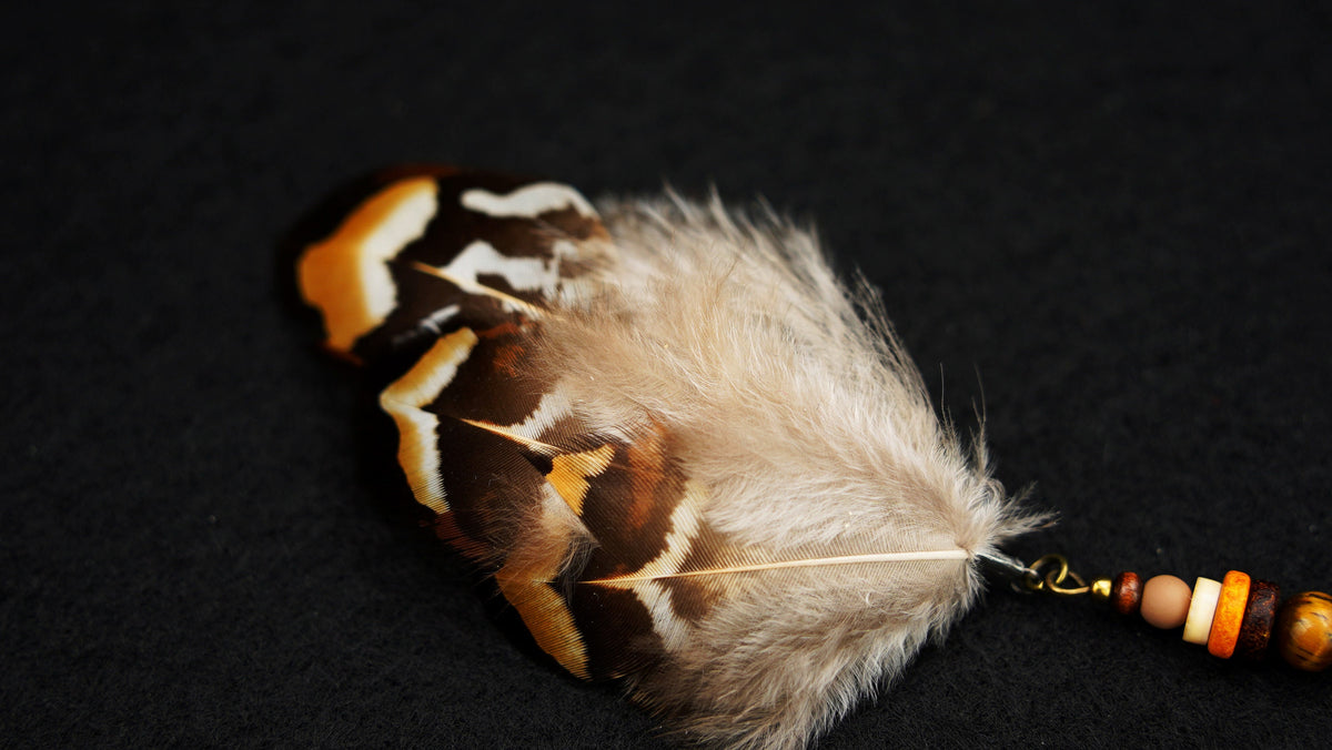 Fluffy Dread Feather Pendant Made from Pheasant Feathers – Cream & Brown – view 3