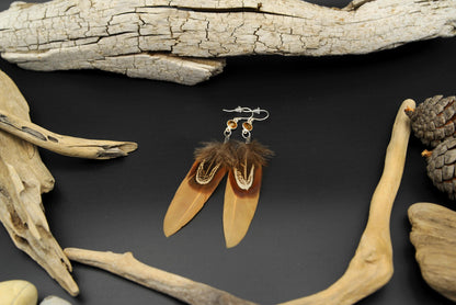 Yellow Feather Earrings with Citrine in 925 Silver – Ochre & Common Pheasant – view 2