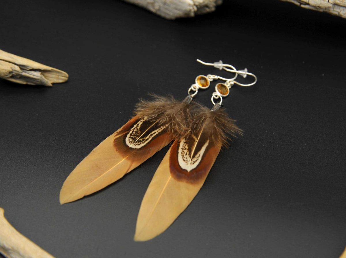 Yellow Feather Earrings with Citrine in 925 Silver – Ochre & Common Pheasant – view 3