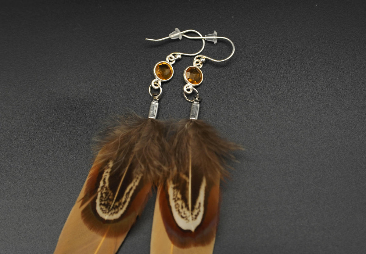 Yellow Feather Earrings with Citrine in 925 Silver – Ochre & Common Pheasant – view 4