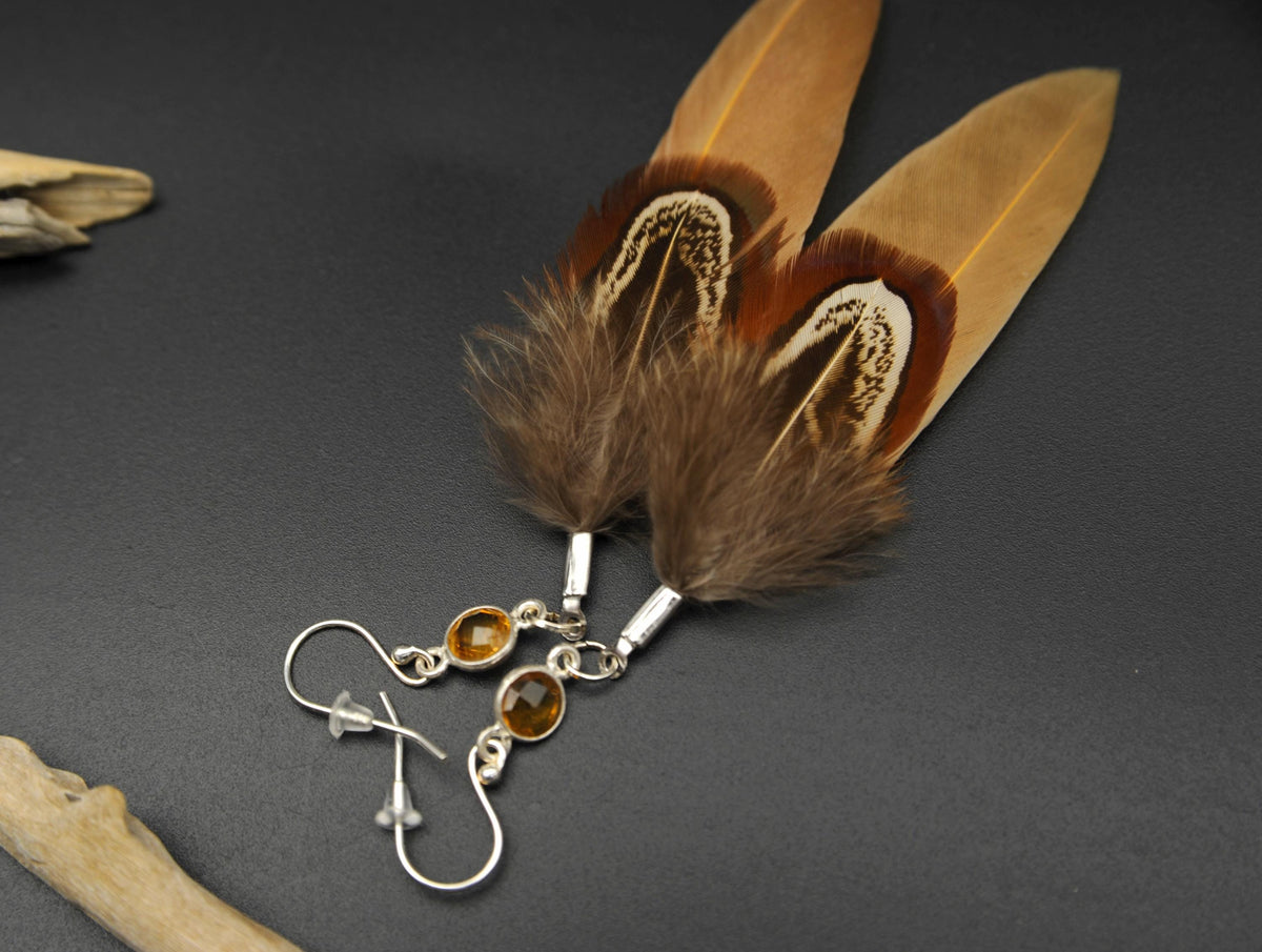 Yellow Feather Earrings with Citrine in 925 Silver – Ochre & Common Pheasant – view 5