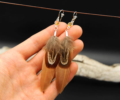 Yellow Feather Earrings with Citrine in 925 Silver – Ochre & Common Pheasant – view 6