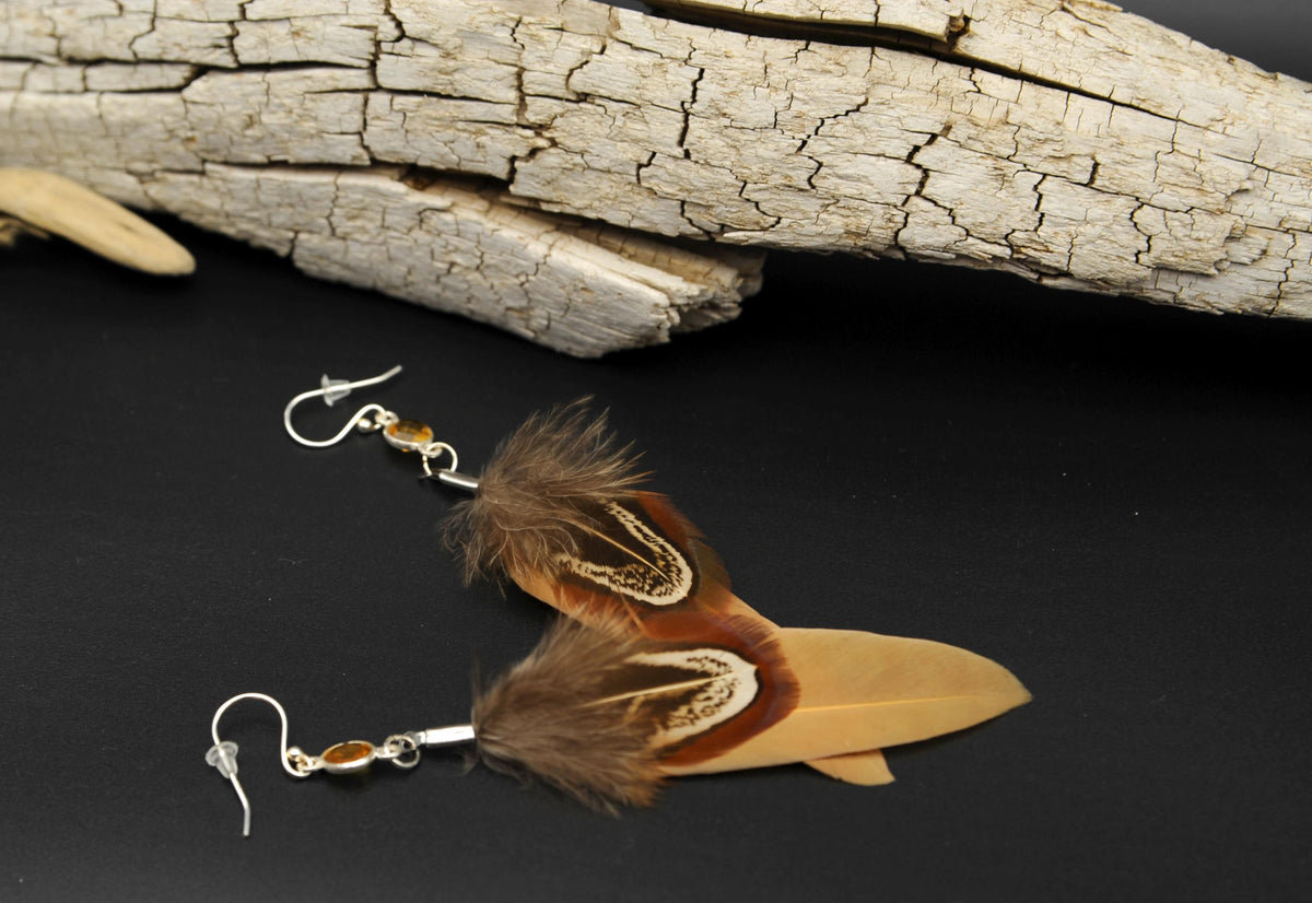 Yellow Feather Earrings with Citrine in 925 Silver – Ochre & Common Pheasant – view 7