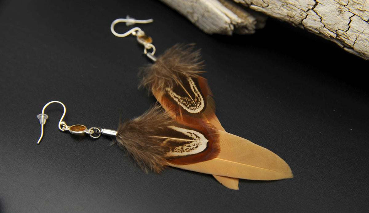 Yellow Feather Earrings with Citrine in 925 Silver – Ochre & Common Pheasant – view 8