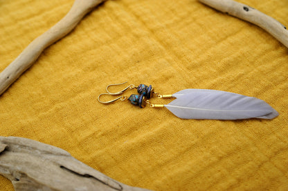 Graue Federohrringe mit Fimo-Perle – Detail