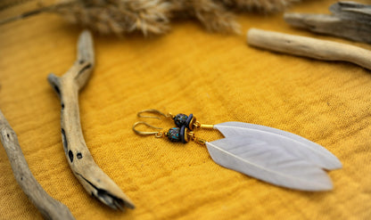 Graue Federohrringe mit Fimo-Perle – Detail