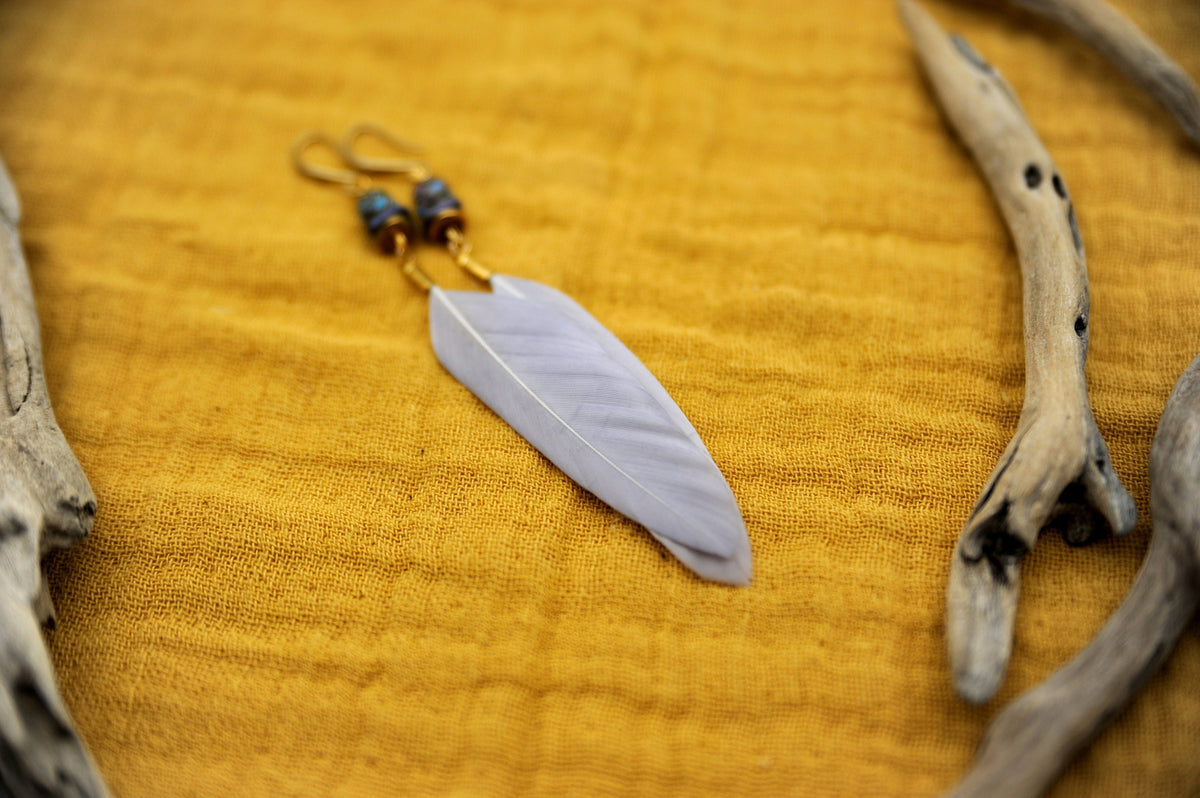 Graue Federohrringe mit Fimo-Perle – Detail