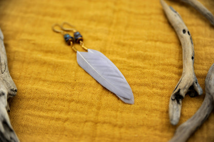 Graue Federohrringe mit Fimo-Perle – Detail