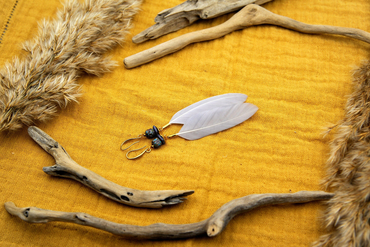 Graue Federohrringe mit Fimo-Perle – Detail