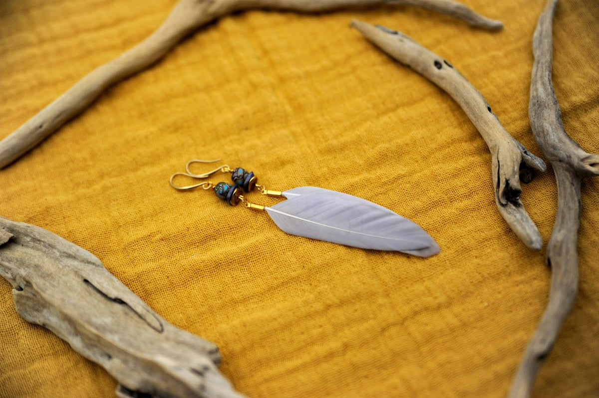 Graue Federohrringe mit Fimo-Perle – Detail