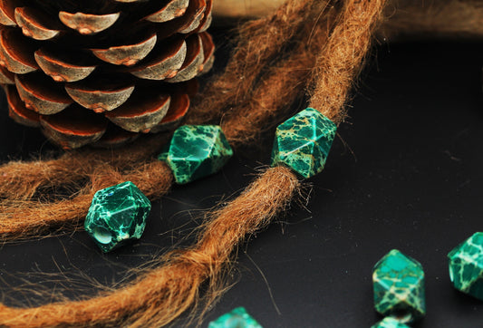 Faceted Green Imperial Jasper Dread Beads – Set of 2, 13 × 18 mm