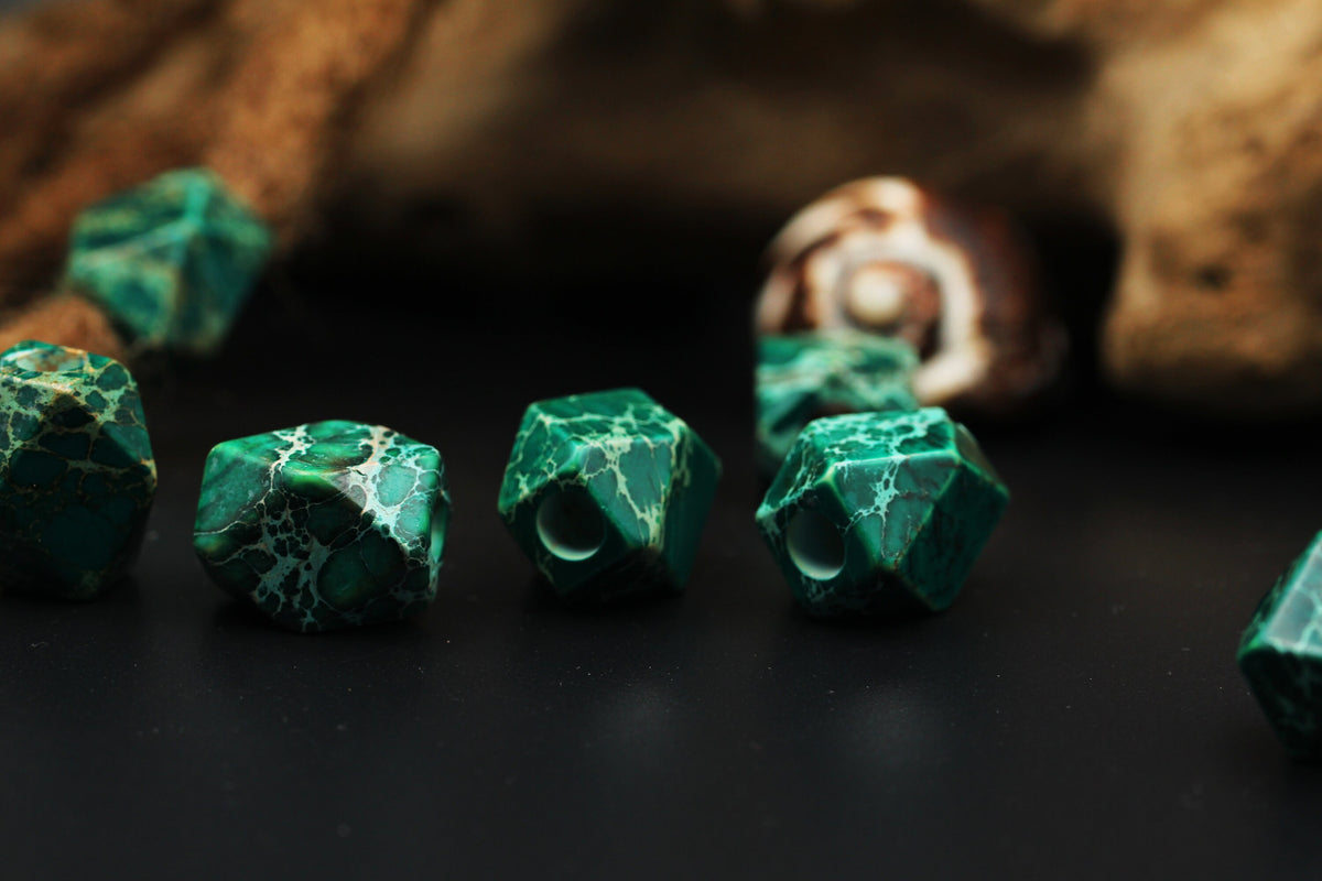 Faceted Green Imperial Jasper Dread Beads – Set of 2, 13 × 18 mm – view 3