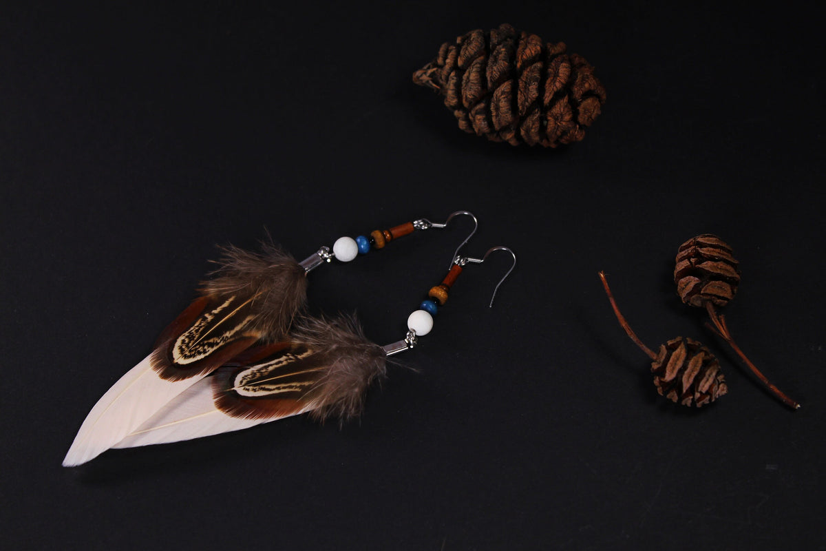 Light Pink Double Feather Earrings with Pheasant Feather – Delicate Boho Drop Earrings – view 4