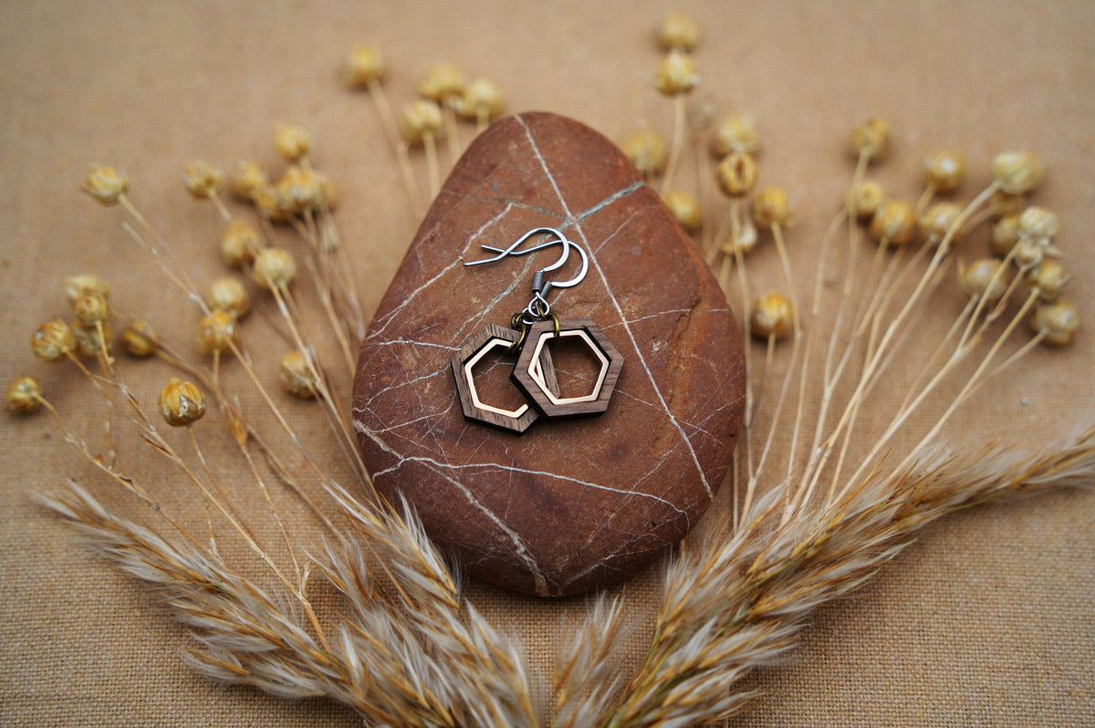 Hexagon Walnut Wood Earrings – Sacred Geometry with Rose Gold Inlay