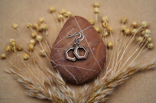 Hexagon Walnut Wood Earrings – Sacred Geometry with Rose Gold Inlay