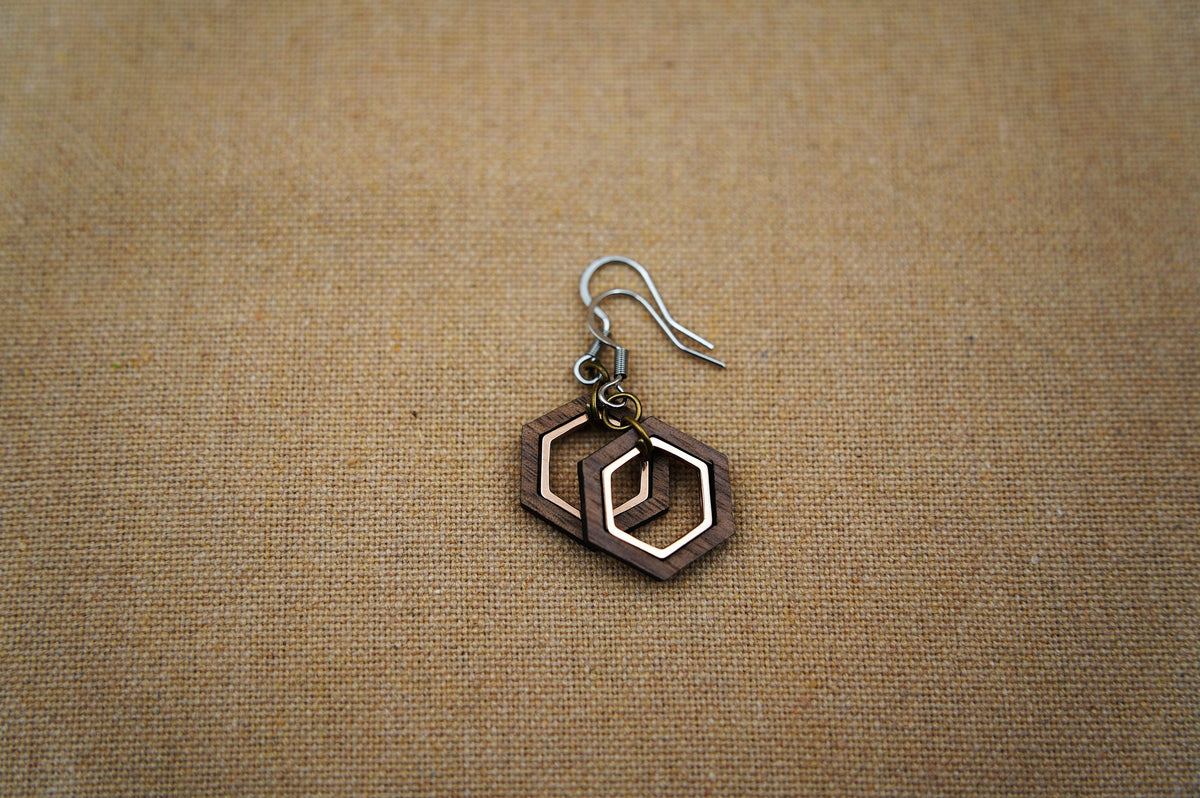 Hexagon Walnut Wood Earrings – Sacred Geometry with Rose Gold Inlay – view 2