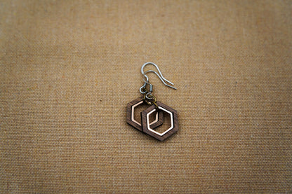 Hexagon Walnut Wood Earrings – Sacred Geometry with Rose Gold Inlay – view 2
