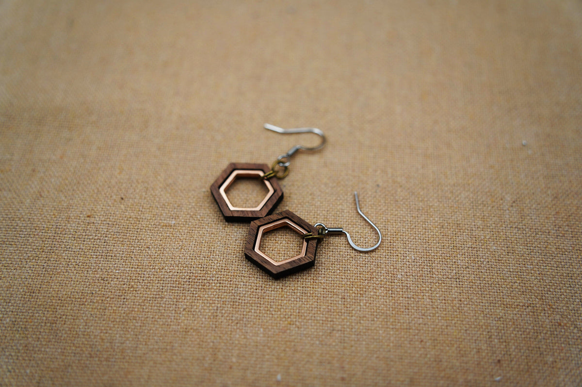 Hexagon Walnut Wood Earrings – Sacred Geometry with Rose Gold Inlay – view 3