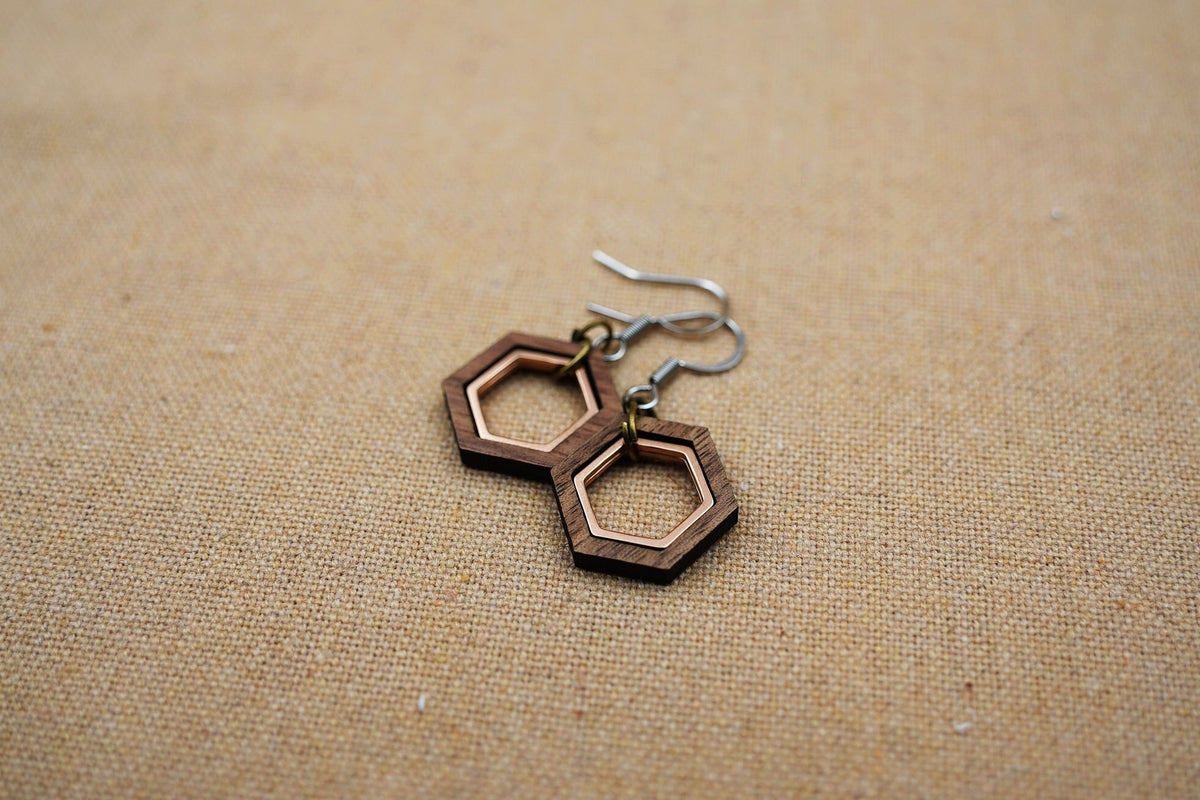 Hexagon Walnut Wood Earrings – Sacred Geometry with Rose Gold Inlay – view 4