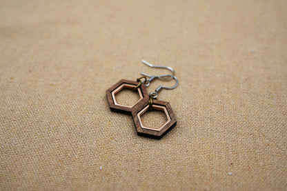 Hexagon Walnut Wood Earrings – Sacred Geometry with Rose Gold Inlay – view 4