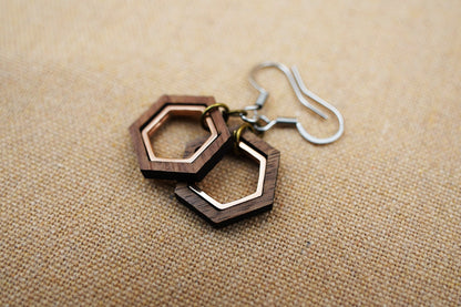 Hexagon Walnut Wood Earrings – Sacred Geometry with Rose Gold Inlay – view 5