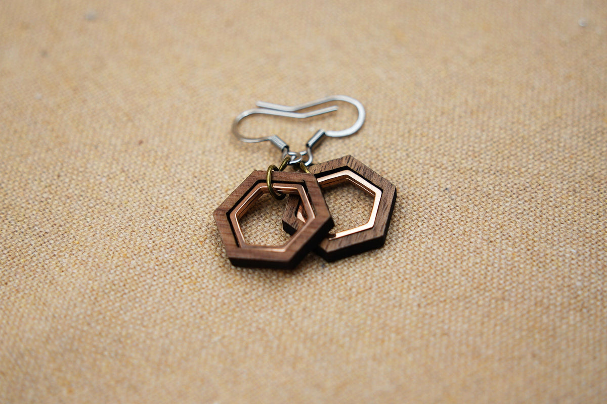 Hexagon Walnut Wood Earrings – Sacred Geometry with Rose Gold Inlay – view 6
