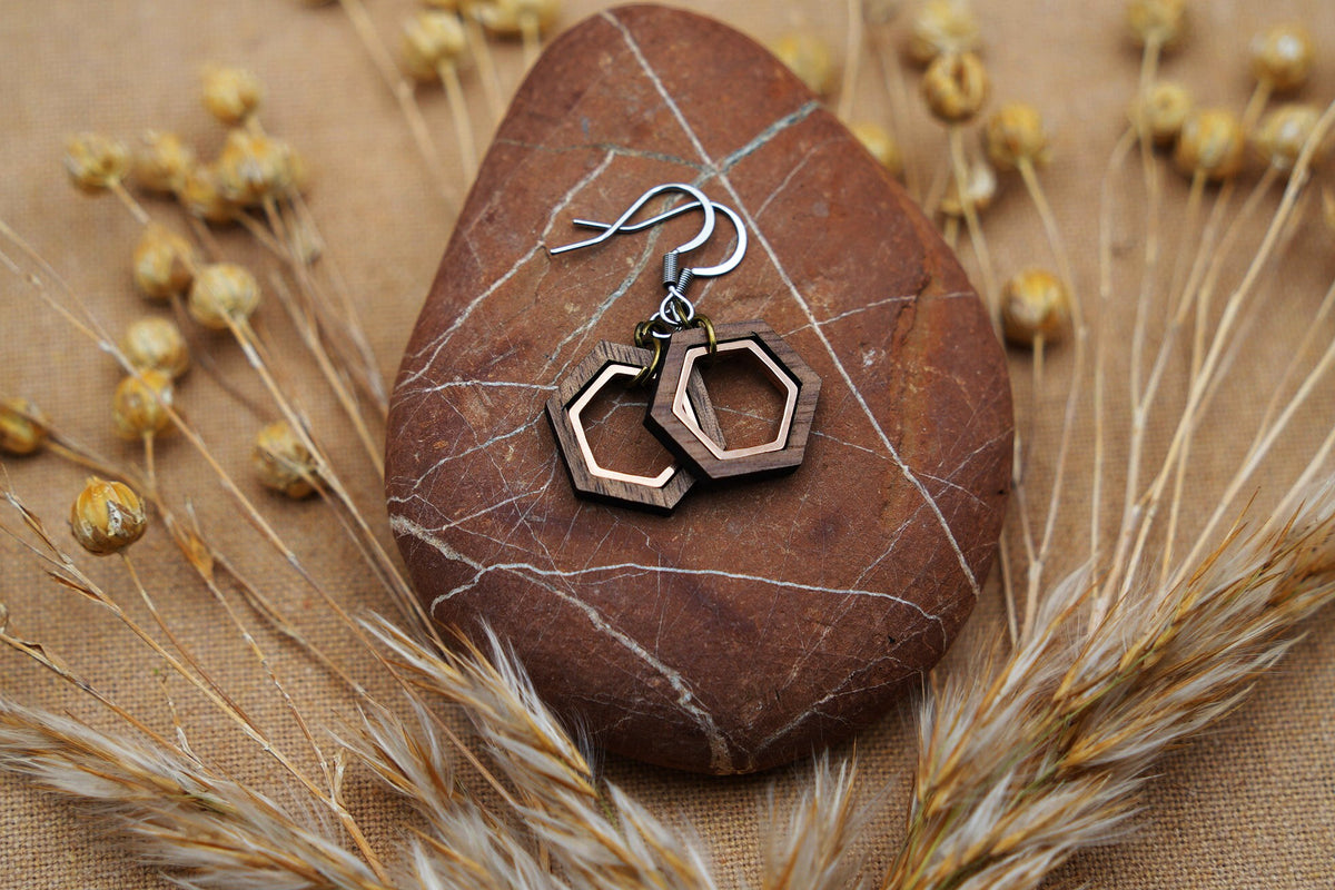 Hexagon Walnut Wood Earrings – Sacred Geometry with Rose Gold Inlay – view 7