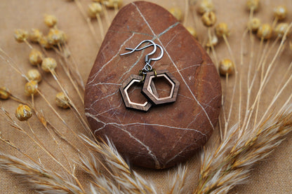 Hexagon Walnut Wood Earrings – Sacred Geometry with Rose Gold Inlay – view 7