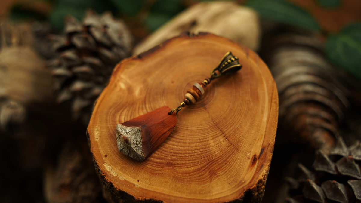 Wooden Dread Pendant Made from a Pine Cone Scale – Red-Brown with Bronze Cap – view 4