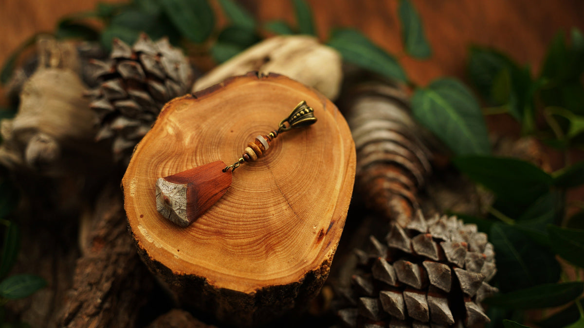Wooden Dread Pendant Made from a Pine Cone Scale – Red-Brown with Bronze Cap – view 5
