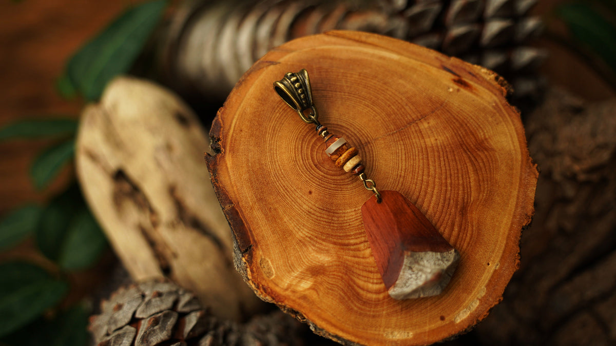 Wooden Dread Pendant Made from a Pine Cone Scale – Red-Brown with Bronze Cap – view 6