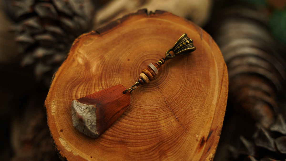 Wooden Dread Pendant Made from a Pine Cone Scale – Red-Brown with Bronze Cap – view 7