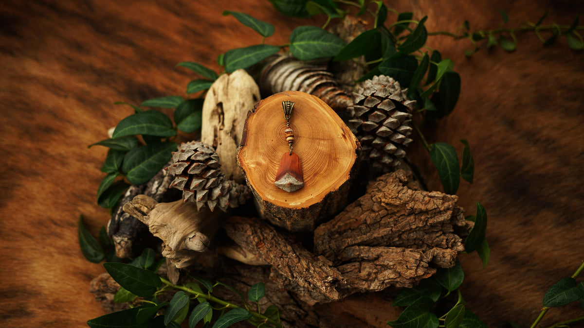 Wooden Dread Pendant Made from a Pine Cone Scale – Red-Brown with Bronze Cap – view 8