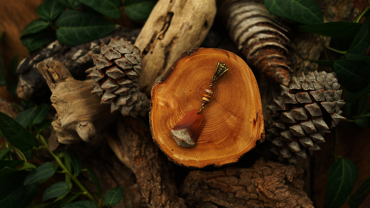 Wooden Dread Pendant Made from a Pine Cone Scale – Red-Brown with Bronze Cap – view 9