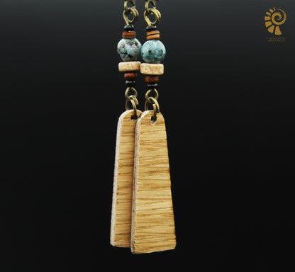 Oak Wood Earrings – Light Veneer Earrings with Stone & Ceramic Beads