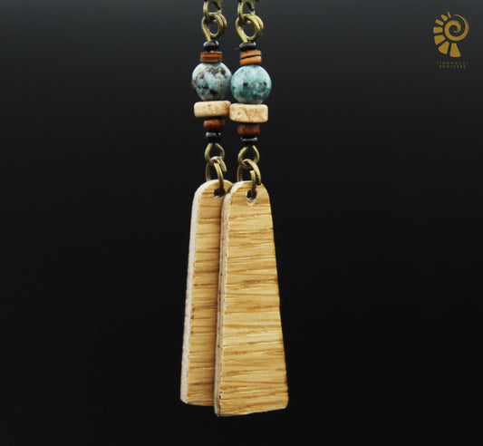 Oak Wood Earrings – Light Veneer Earrings with Stone & Ceramic Beads