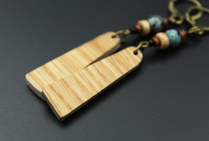 Oak Wood Earrings – Light Veneer Earrings with Stone & Ceramic Beads – view 2