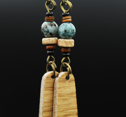 Oak Wood Earrings – Light Veneer Earrings with Stone & Ceramic Beads – view 3
