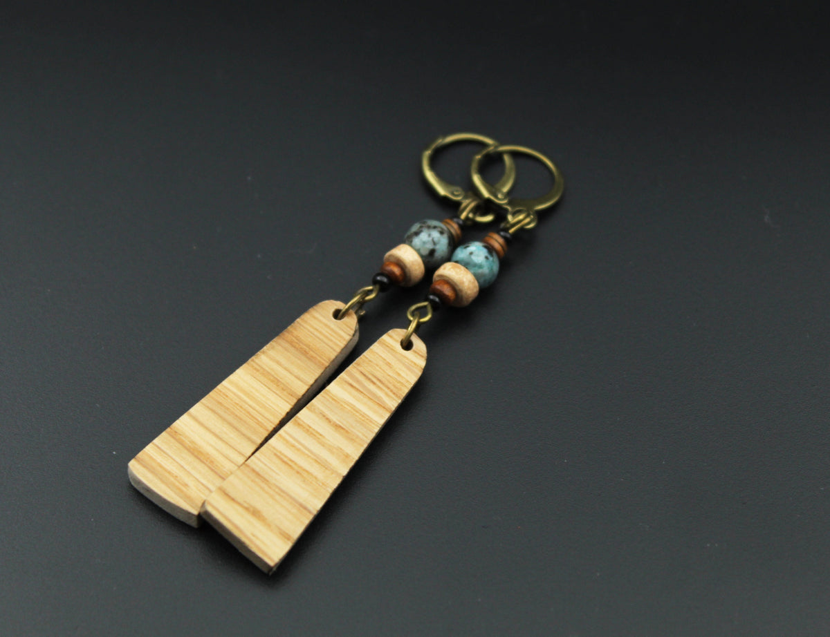 Oak Wood Earrings – Light Veneer Earrings with Stone & Ceramic Beads – view 4