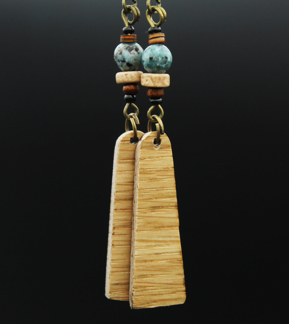 Oak Wood Earrings – Light Veneer Earrings with Stone & Ceramic Beads – view 5