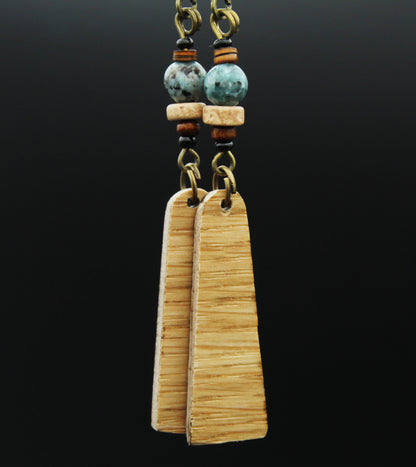 Oak Wood Earrings – Light Veneer Earrings with Stone & Ceramic Beads – view 5